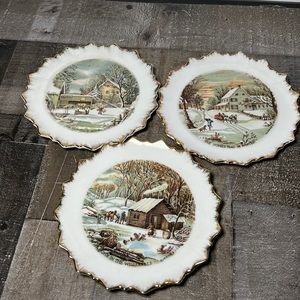 Vintage 1972 Currier & Ives Collector Plates with Gold Trim Set of Three